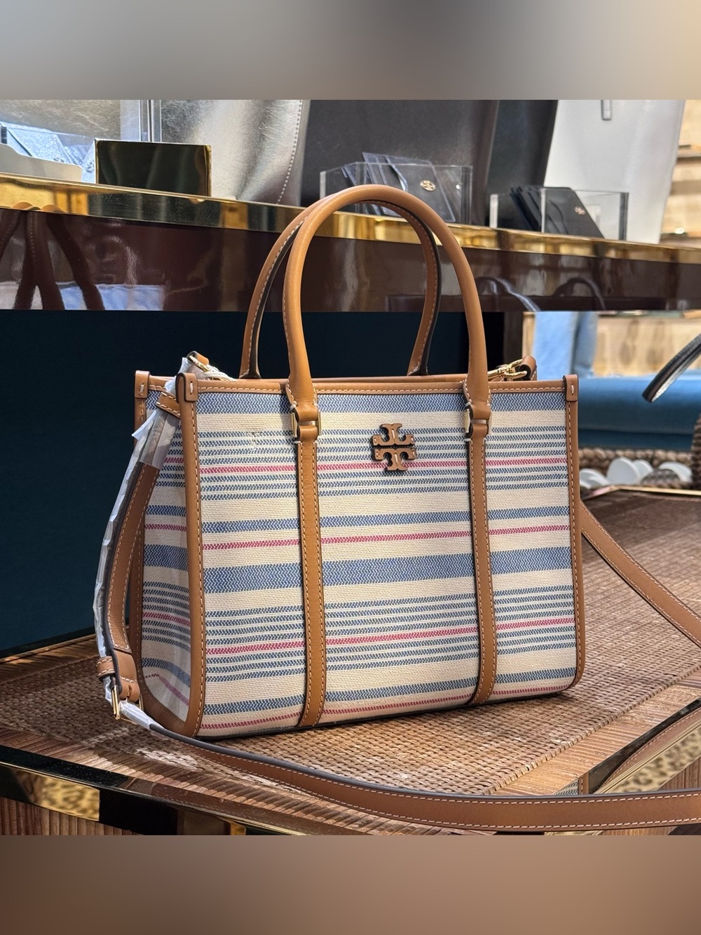 NWT Tory Burch 175966 Blake Stripe Canvas Small Tote Crossbody Bag Walnut